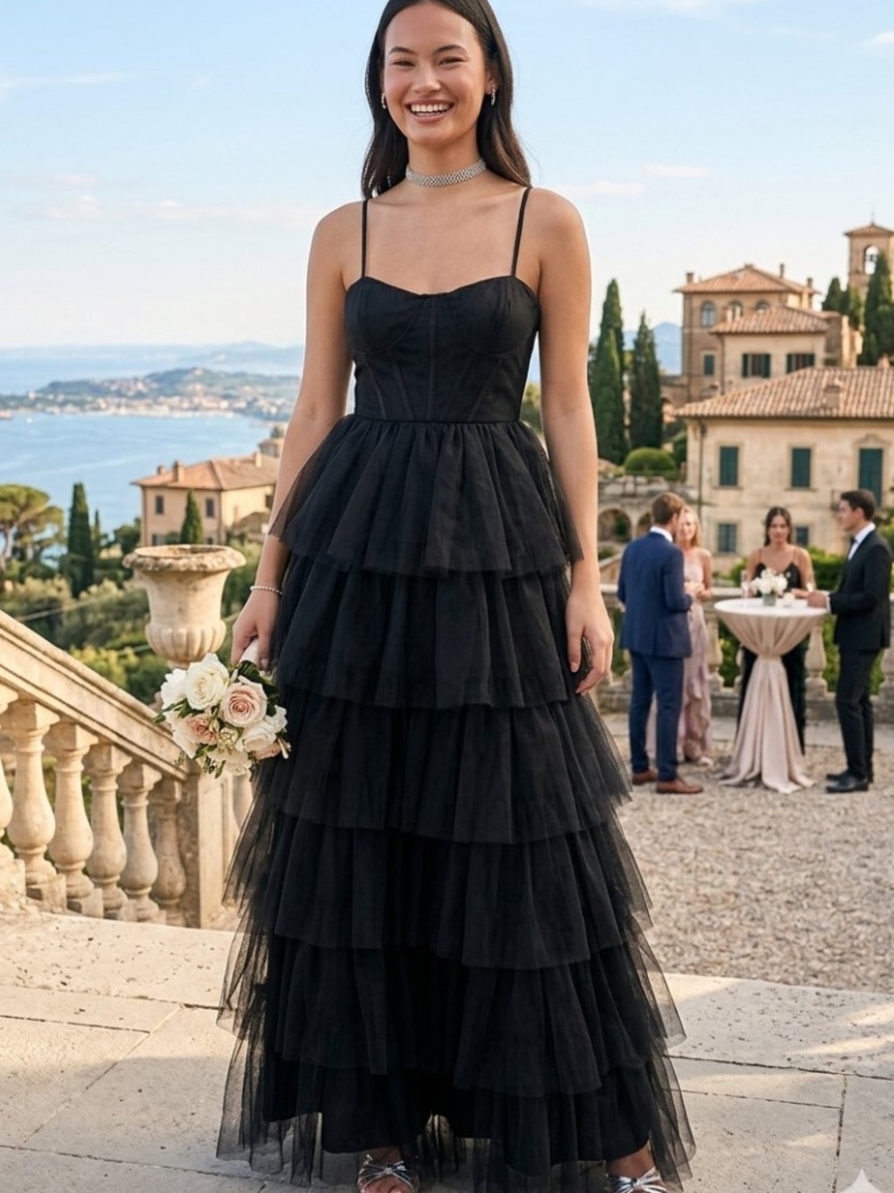 New Lulu's Black Tiered Tulle Maxi Dress with Spaghetti Straps Sz Medium